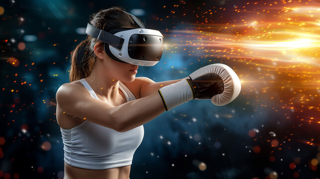 Woman Wearing VR Headset Punches In Virtual Boxing Match