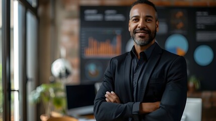 Charismatic Business Leader Presenting Engaging Digital Strategy in Sleek Office Space