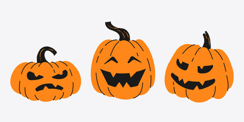 Three Jack-o-lanterns with different expressions isolated on a white background. Halloween vector illustration