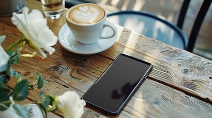 Smartphone and coffee on desk in cafe for work concept