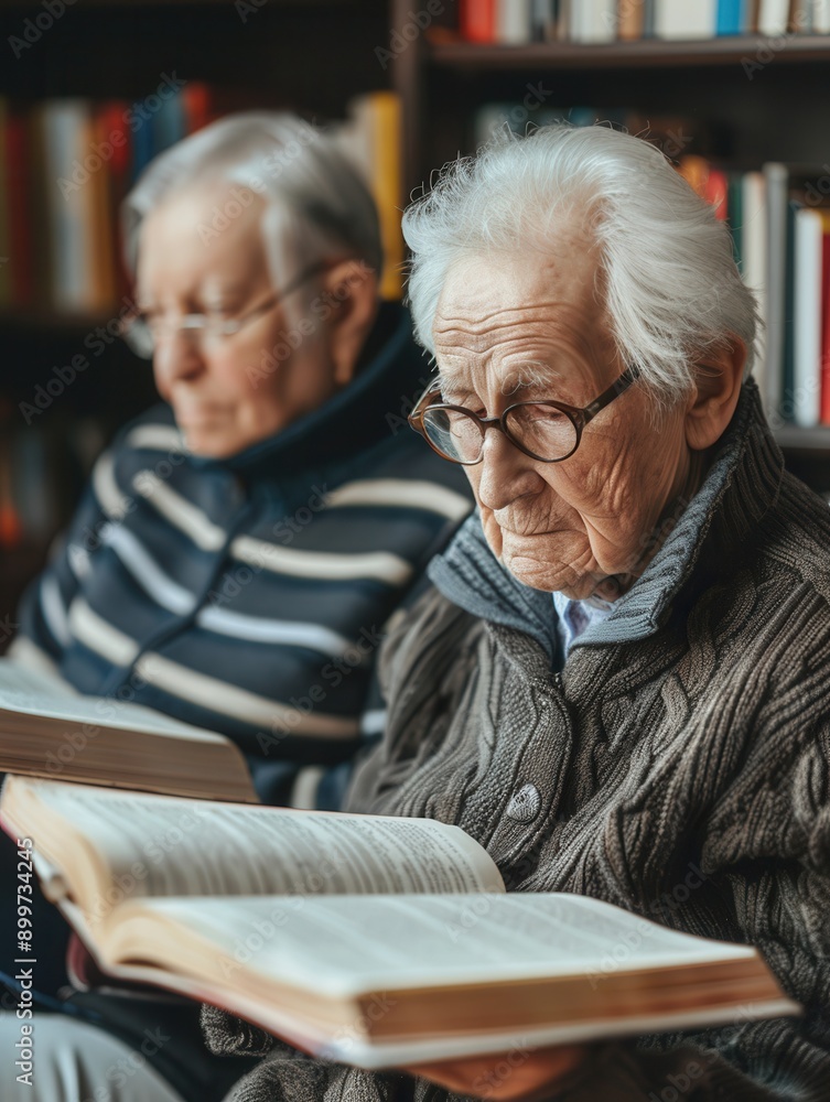 Poster two elderly people are deeply focused on studying foreign languages using textbooks and dictionaries