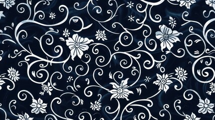 Elegant floral pattern in white on dark blue background.