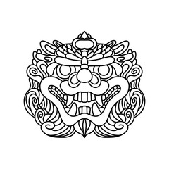 Traditional lion face tattoo. Chinese lion face statue. Vector of Ancient Chinese Traditional Monster lion head Pattern. Chinese Lion traditional style logo. line art