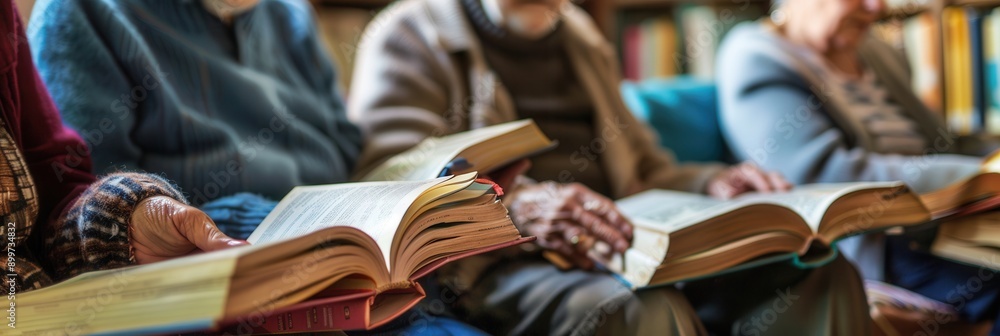 Fototapete a group of elderly individuals is focused on studying foreign languages using textbooks and dictiona