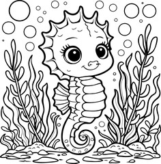 Sea horse Coloring page for kids. Sea Horse black and white. Coloring book or Coloring page for kids.