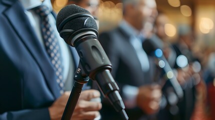 Confident Business Leader Addressing Press Conference and Answering Reporters  Questions