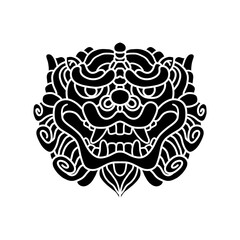 Traditional lion face tattoo. Chinese lion face statue. Vector of Ancient Chinese Traditional Monster lion head Pattern. Chinese Lion traditional style logo. line art
