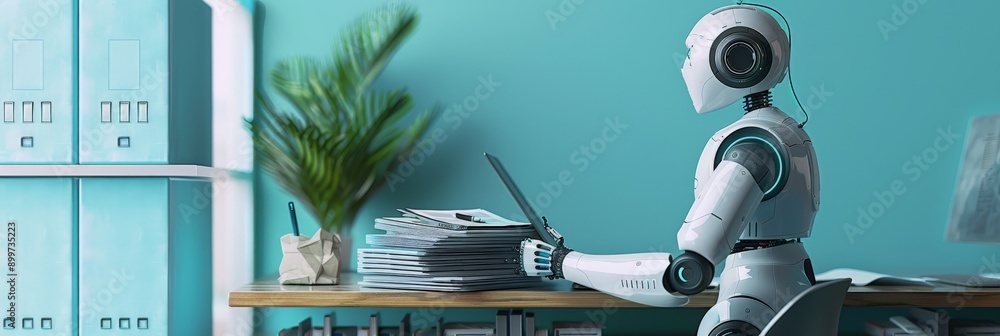 Aufkleber Humanoid robot working on a computer at a desk with stacks of documents. High-tech AI integration in modern workplaces.