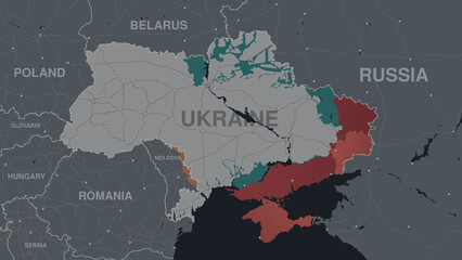 Obraz premium Map of Ukraine, military territory, captured and liberated territories 2D illustration.