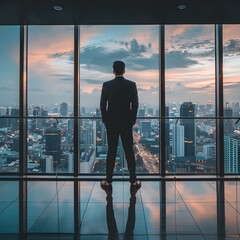 Fototapeta premium Successful Entrepreneur Overlooking Expansive City Skyline from High Rise Office Balcony