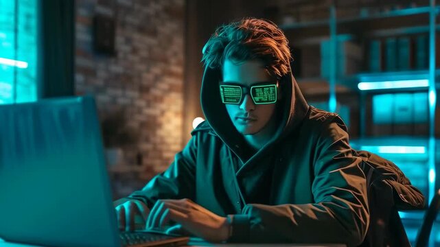 A young caucasian man, possibly in his late teens or early twenties, is intently working on a laptop in a dimly lit, stylish room at night. His glasses display code, indicative of coding or hacking