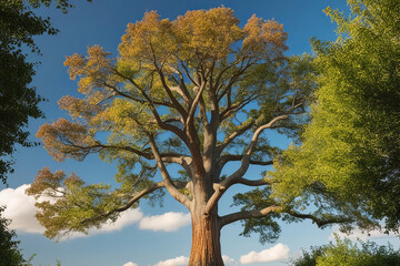 Obraz premium Majestic tree in vibrant, lush setting with sprawling branches, intricate roots, and a warm sky, exuding ancient wisdom