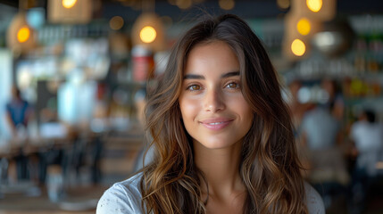 Obraz premium Young Adult Beautiful Greek Girl Smiling At Camera In Cafe, Wearing Casual Attire, Blurred Background with Bokeh Lights, Candid Portrait, Happy, Modern Lifestyle