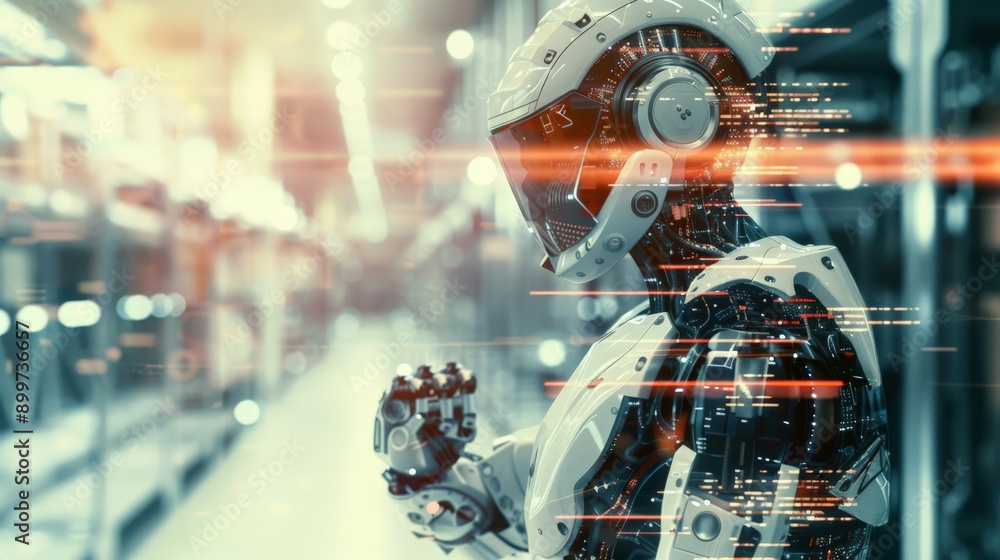 Poster Humanoid robot with visual data overlay in a futuristic facility. Advanced AI and robotics in an industrial setting.