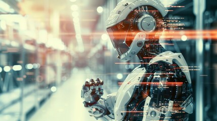 Humanoid robot with visual data overlay in a futuristic facility. Advanced AI and robotics in an industrial setting.