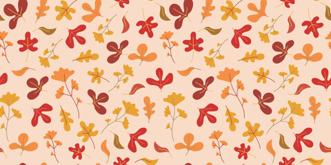 Pattern of autumn leaves and flowers. Seamless vector background. Nature, autumn season. Drawings of autumn leaves. Vector illustration, doodles. Flat repeating background for wallpaper, packaging