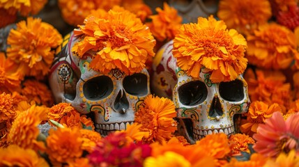 decorated skulls of the day of the dead in Mexico next to yellow flowers