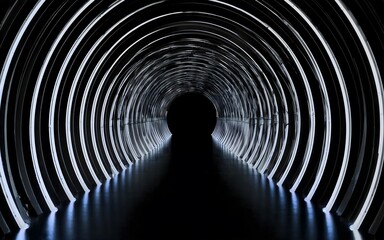 Tunnel in black and white with a beam of light illuminating the end., AI