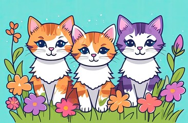 Three kittens are sitting with flowers For children's design of prints, posters, stickers, cards, puzzles, illustration