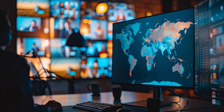 A person working on a computer with a world map displayed on the monitor, symbolizing the power of technology to connect us globally.