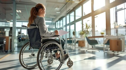 Businesswoman in a wheelchair holding a document, contemplating in a sunlit office. Highlighting workplace inclusivity and thoughtful planning.