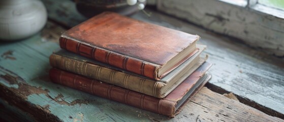 Three old, worn books on a green, vintage table depict signs of aging and frequent use, enhancing the nostalgic and historical vibe of the image.