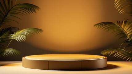Obraz premium Minimalist Product Display with Palm Leaves and Warm Lighting