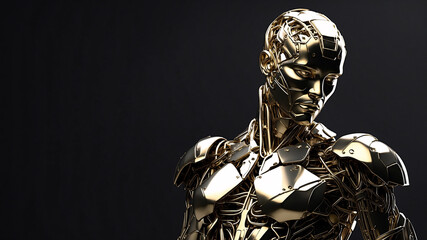 Humanoid figure with scattered golden elements constituting its body, disintegration of pieces of humanoid body, dystopian futuristic illustration wallpaper background