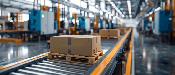 An automated packaging warehouse with bright lights and a conveyor belt moving cardboard boxes onto a wooden pallet, showcasing an efficient logistics system.