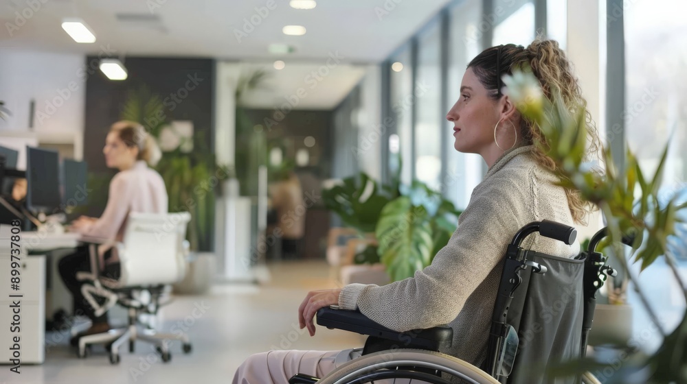 Poster side view of a woman in a wheelchair working in a modern office environment. highlighting the import