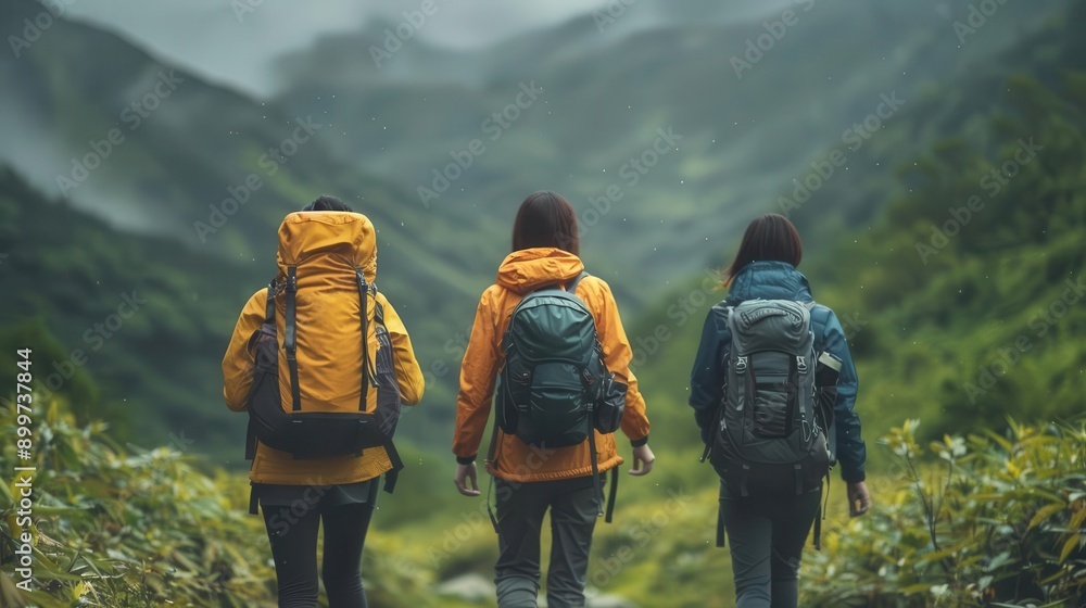 Wall mural three hikers explore a scenic mountain trail, showcasing adventure and camaraderie in a stunning nat