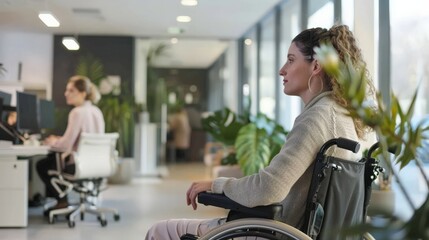 Fototapeta premium Side view of a woman in a wheelchair working in a modern office environment. Highlighting the importance of accessibility and inclusion.