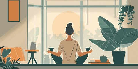 Fototapeta premium Illustration of a person meditating by the window in a modern interior space, symbolizing tranquility and mindfulness.