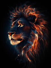 Majestic Lion with Fiery Mane Glowing Against the Dark Background