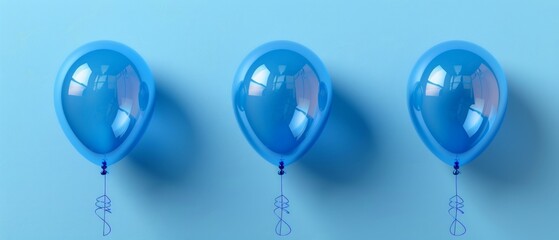 Three blue balloons with 3D effect and blue ribbons on a light blue background create a simple, cheerful visual arrangement.