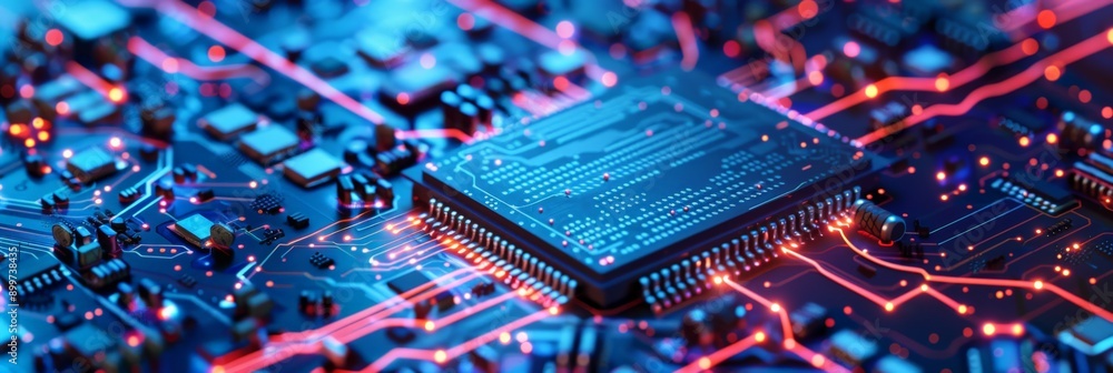 Poster Close-up of microchip on motherboard with glowing blue and red circuitry. Advanced technology concept.