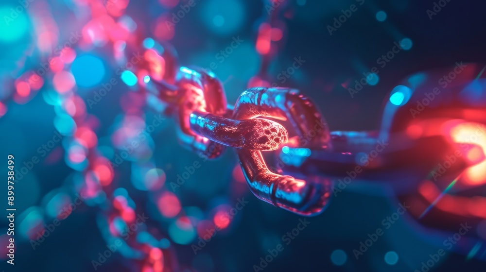 Poster a close-up shot of a metallic chain, highlighted by vivid red and blue lights, creating a futuristic
