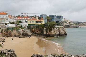 Beautiful coast of old town Cascais, Portugal, Rainha beach, at a winter day.