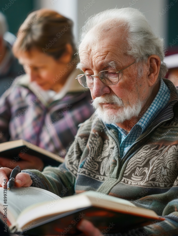 Poster a group of elderly learners are focused on studying foreign languages using textbooks and dictionari