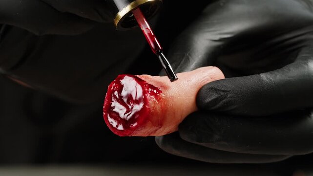 Special effects for cinema industry, A rubber fake finger with blood close-up. Make-up equipment props for films movie and shooting. Bloody fake fingers for halloween and parties