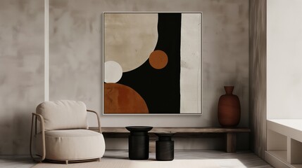 An abstract painting featuring neutral tones and geometric shapes set against a subtly textured background.