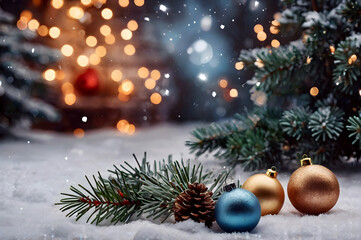 Christmas balls and lights in shiny on glittering snow, fir tree branches, festive, magic new year background, winter bokeh, template for design, greeting postcard, copy space.