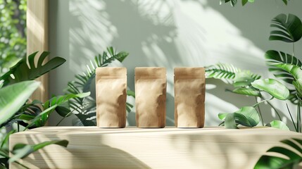 Obraz premium Brown Paper Pouches Mockup On Wooden Surface With Plants. generative ai illustration.