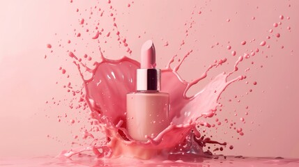 A bottle of liquid foundation flanked by splashes of pink, highlighting the application of beauty products with energetic motion.