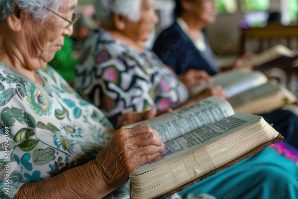 Poster a group of elderly individuals studies foreign languages with textbooks and dictionaries in a commun