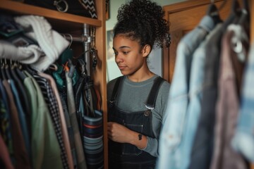 Fototapeta premium Organized Dorm Living: Student Sorting Clothes in Closet for College Life Preparation