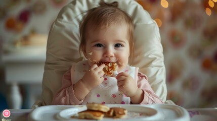 A cute baby sitting in a high chair and eating pieces of pancake with her hands