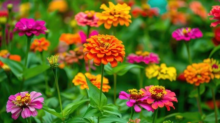 Vibrant Narrowleaf Zinnia or Classic Zinnia blooms in a garden