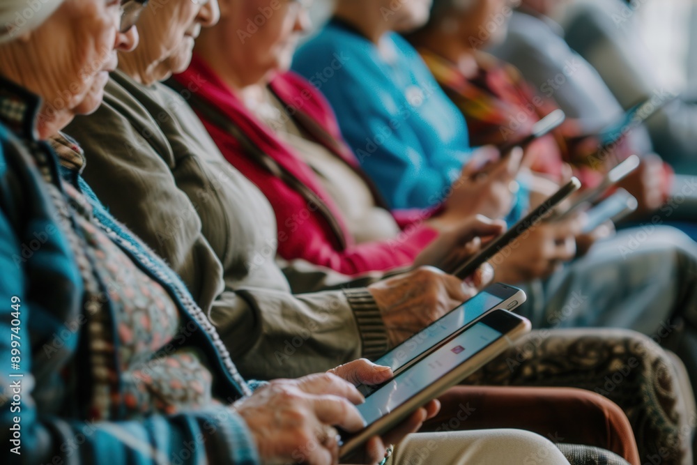 Aufkleber a group of elderly individuals actively learning to use tablets during a technology workshop at a co