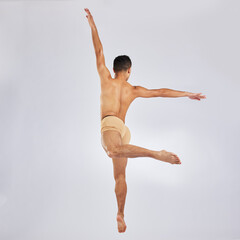 Back, man and ballet dancer in studio for practice on white background with training for...